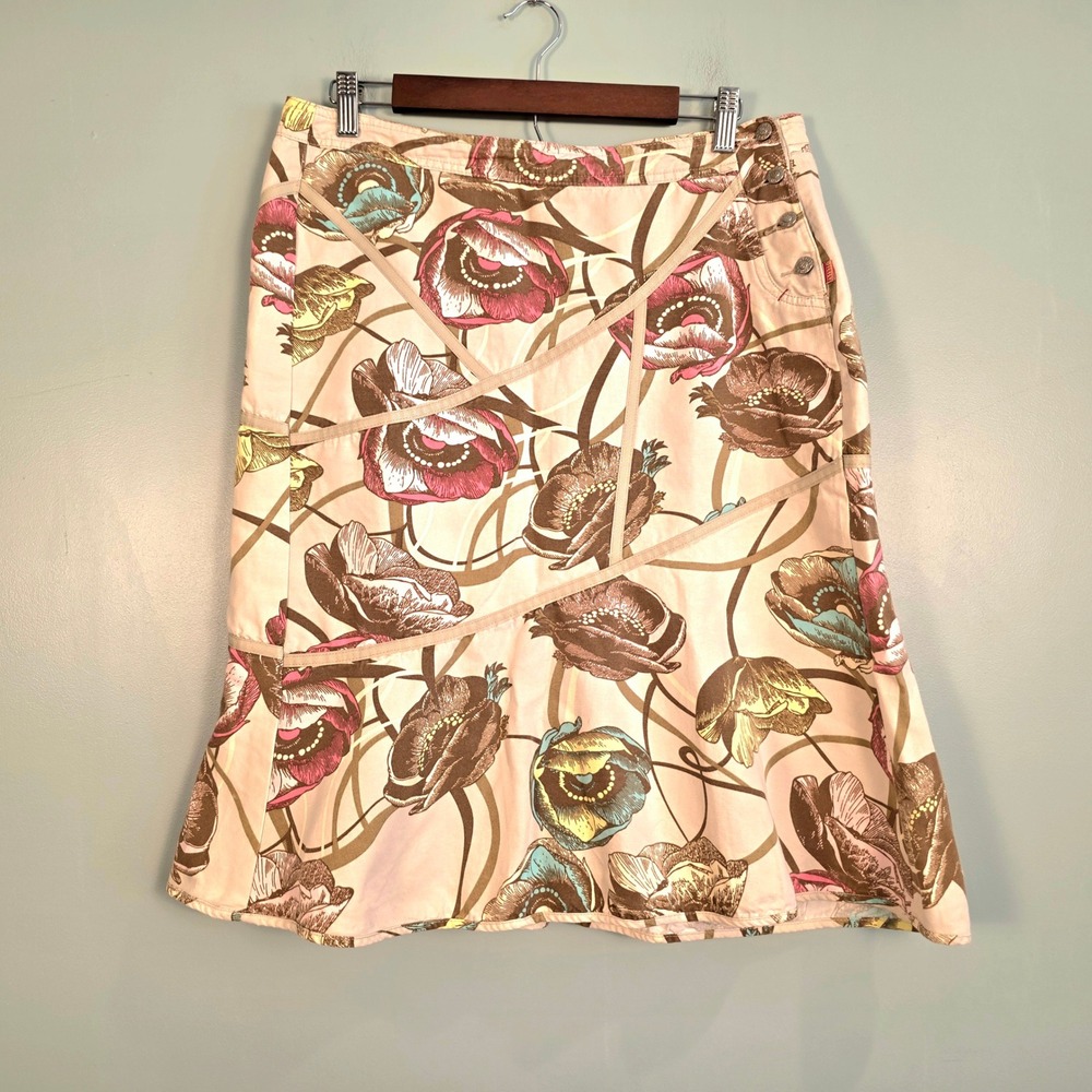Oilily Floral Cotton Linen A-Line Skirt‎ Pink Brown Poppy Side Button Size 40